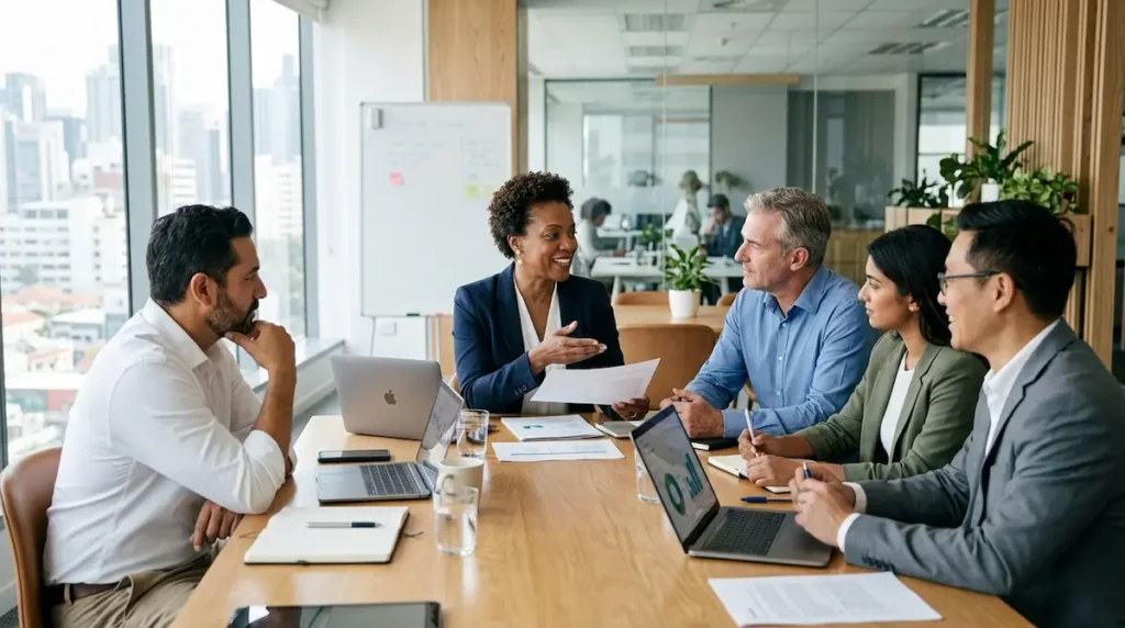Equipo directivo en reunión de trabajo planificando la gestión del talento y el liderazgo empresarial